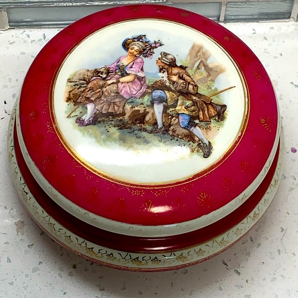 Limoges France Porcelain Lidded Trinket Dish Courting Couple by Fragonard